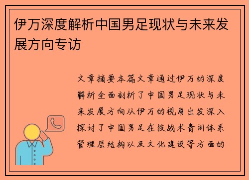 伊万深度解析中国男足现状与未来发展方向专访