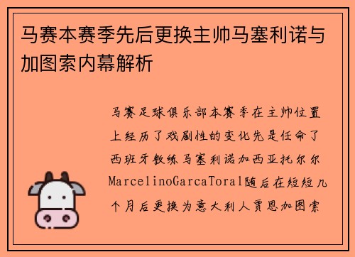 马赛本赛季先后更换主帅马塞利诺与加图索内幕解析